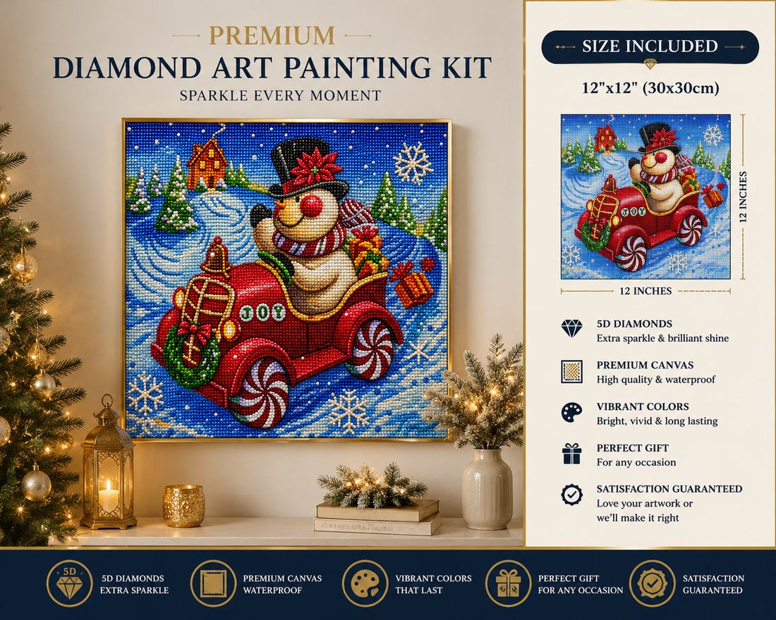 Framed snowman JOY ride diamond painting displayed above a mantel with a Christmas tree nearby | Azurra Shop