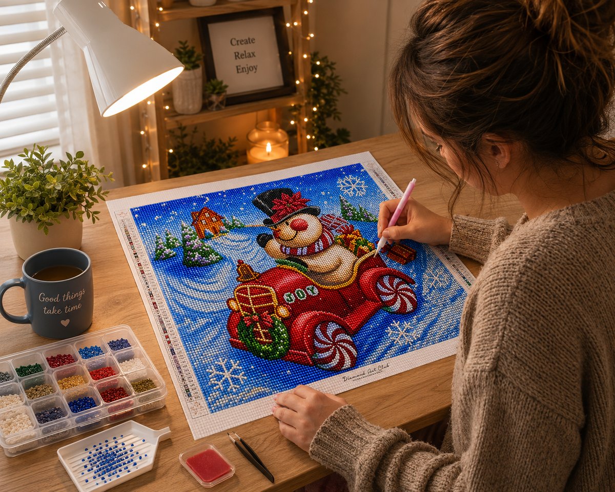 Working on the snowman JOY ride kit at a desk with a lamp, candle, and a mug of coffee | Azurra Shop