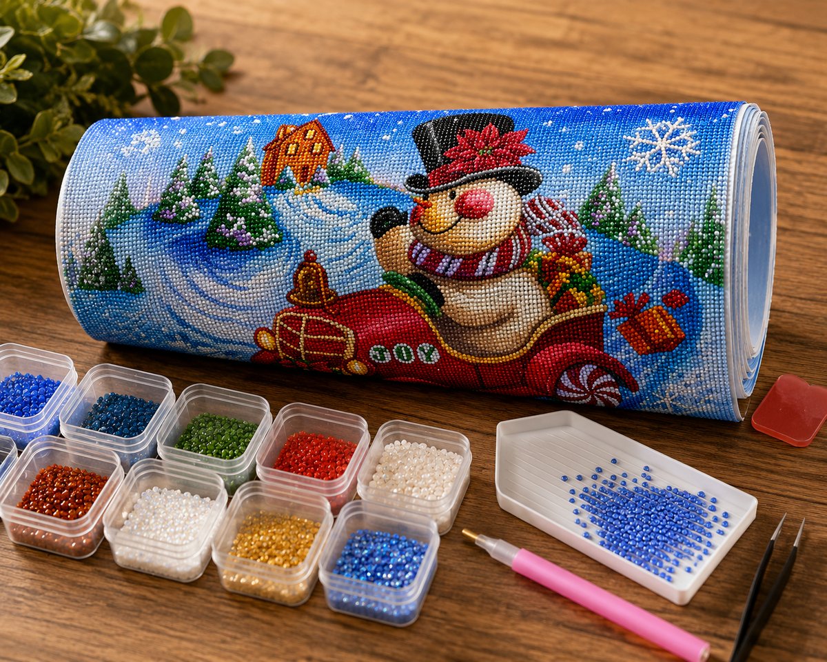 Rolled canvas and full supplies for the snowman JOY ride kit, including diamond trays, applicator pen, and tweezers | Azurra Shop