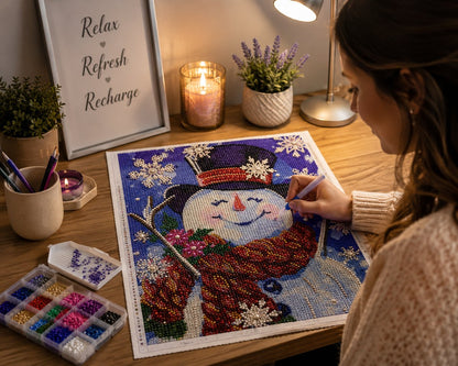 Working on the crystal snowman kit at a desk with a lamp, candle, and lavender plant | Azurra Shop