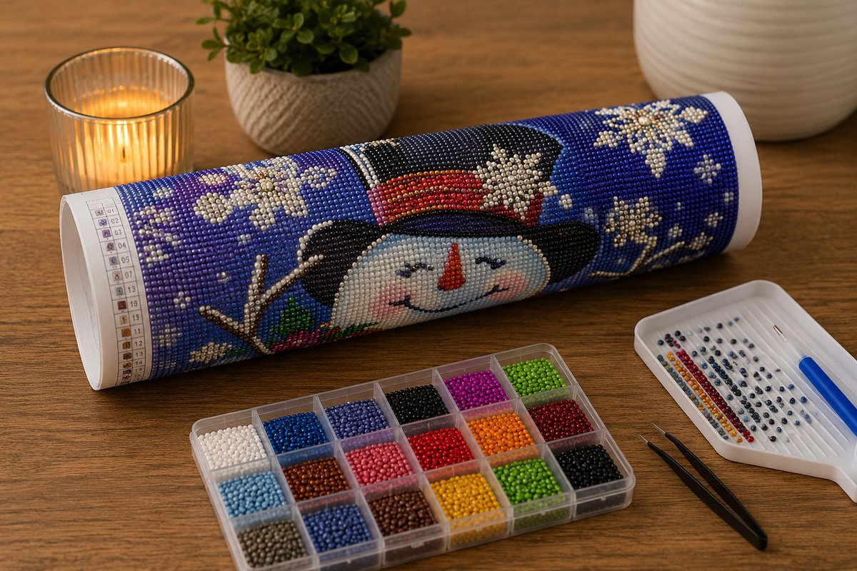 Rolled canvas and full supplies for the crystal snowman kit, including diamond trays, applicator pen, and tweezers | Azurra Shop