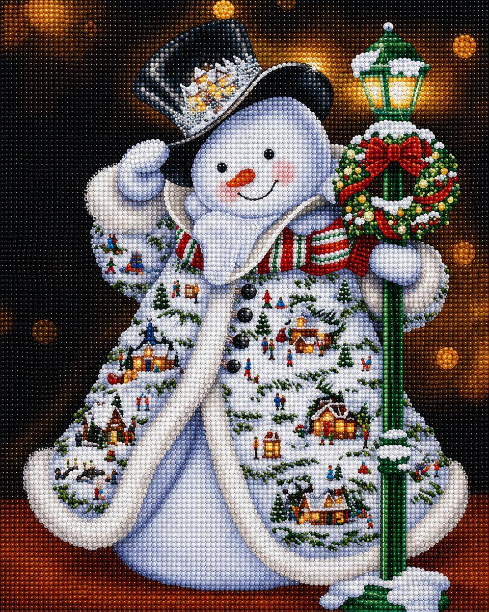 Close up of the finished snowman diamond painting wearing a coat with a Christmas village scene and holding a lamppost | Azurra Shop