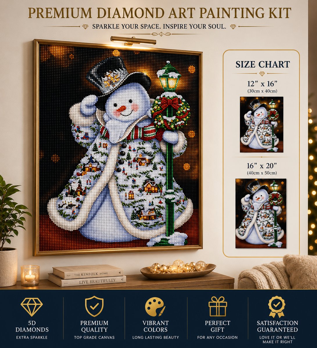 Framed snowman Christmas village diamond painting displayed above a living room console table | Azurra Shop