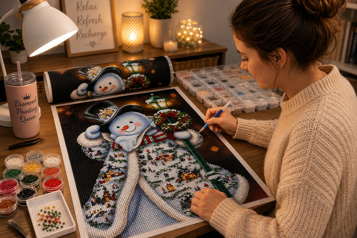 Working on the snowman Christmas village kit at a desk with a lamp, drink, and diamond trays nearby | Azurra Shop