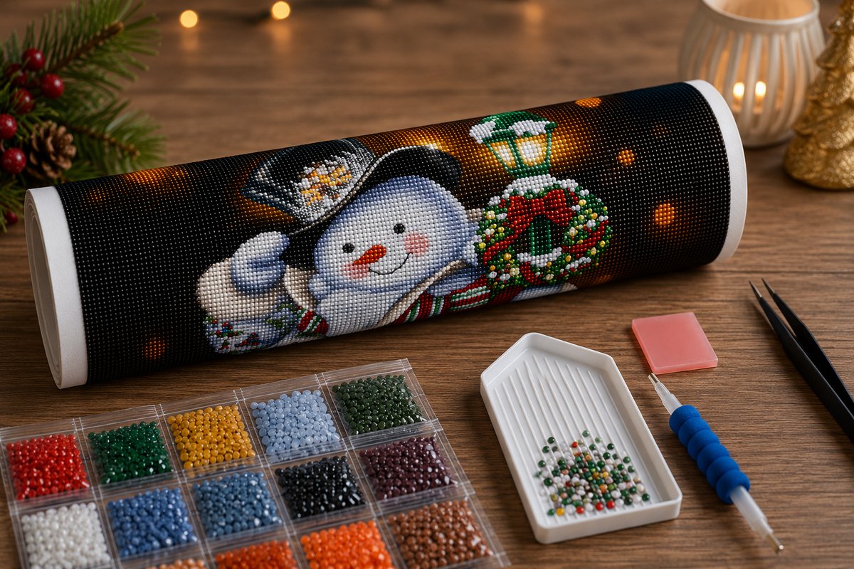 Rolled canvas and full supplies for the snowman Christmas village kit, including diamond trays, applicator pen, and tweezers | Azurra Shop