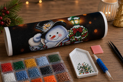 Rolled canvas and full supplies for the snowman Christmas village kit, including diamond trays, applicator pen, and tweezers | Azurra Shop