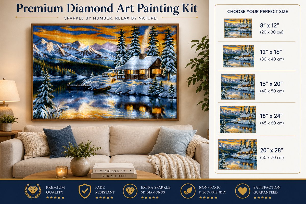 Framed snowy mountain cabin diamond painting displayed above a cream sofa in a warm living room | Azurra Shop