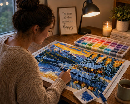 Working on the snowy mountain cabin kit at a warm wooden desk with drills, a candle, and a mug | Azurra Shop