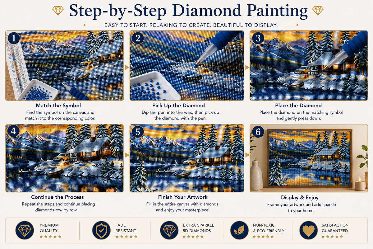 Six step guide showing how to complete the snowy mountain cabin diamond painting | Azurra Shop