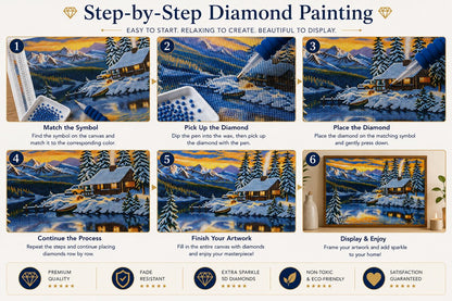 Six step guide showing how to complete the snowy mountain cabin diamond painting | Azurra Shop