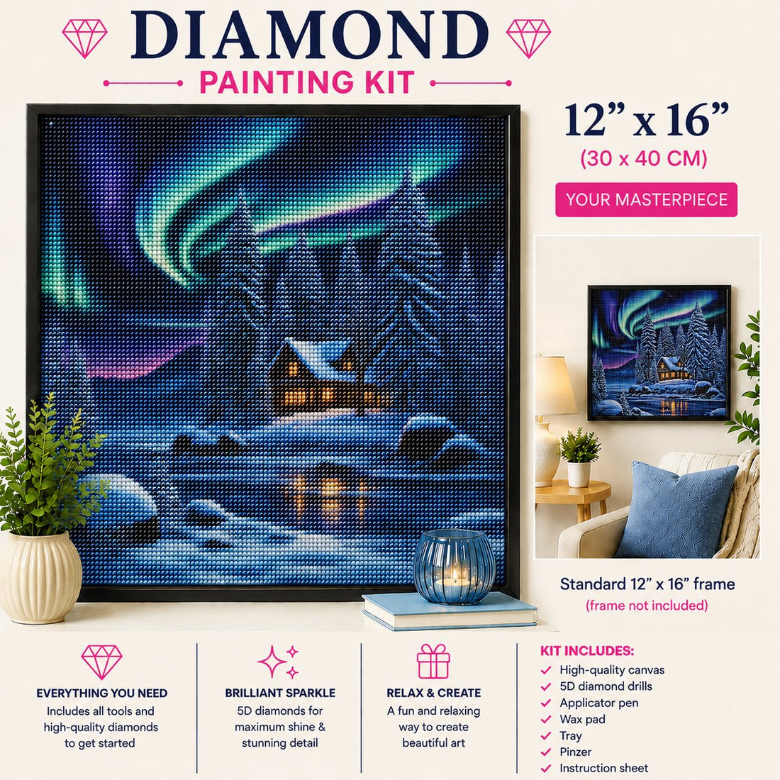 Framed aurora borealis snowy cabin diamond painting displayed in a cozy living room | Azurra Shop