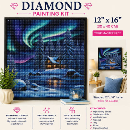 Framed aurora borealis snowy cabin diamond painting displayed in a cozy living room | Azurra Shop