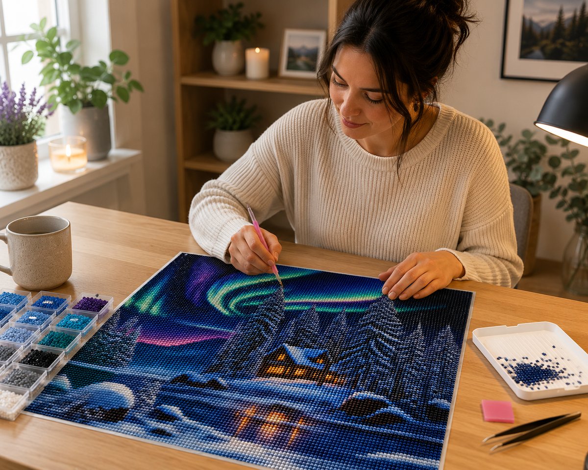 Working on the aurora borealis snowy cabin kit at a cozy desk with drill tools nearby | Azurra Shop