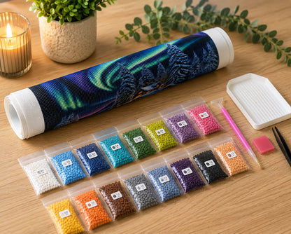 Rolled canvas and supplies for the aurora borealis snowy cabin kit, including drill packets, applicator pen, and wax pad | Azurra Shop