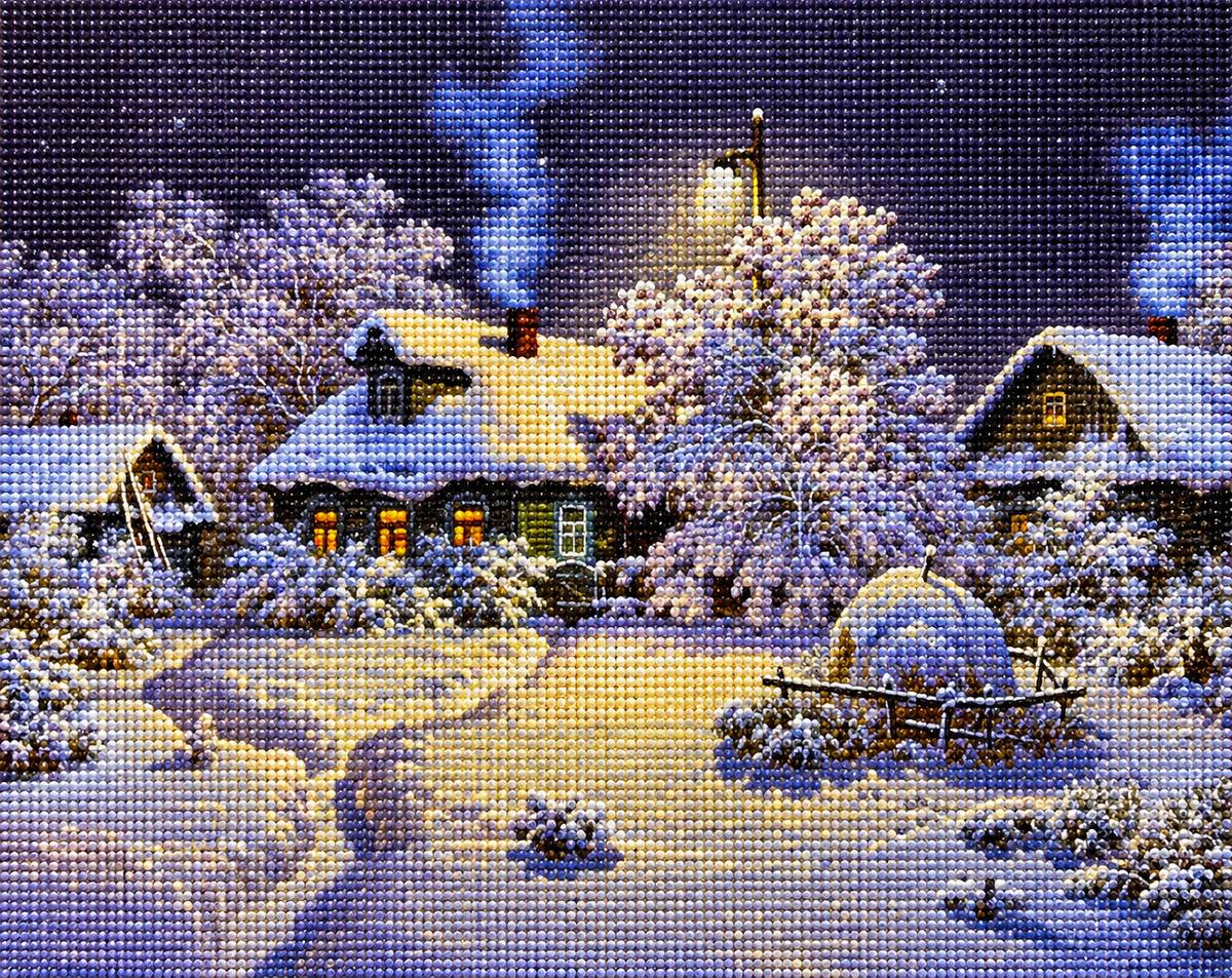Close up of the finished snowy winter village night diamond painting | Azurra Shop