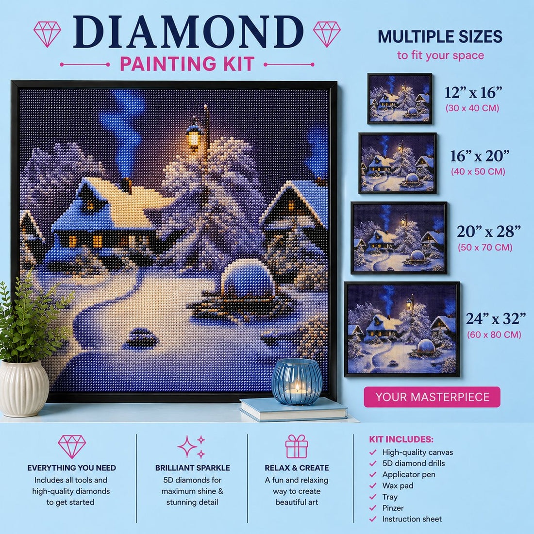 Framed snowy winter village diamond painting displayed with a candle and plant | Azurra Shop