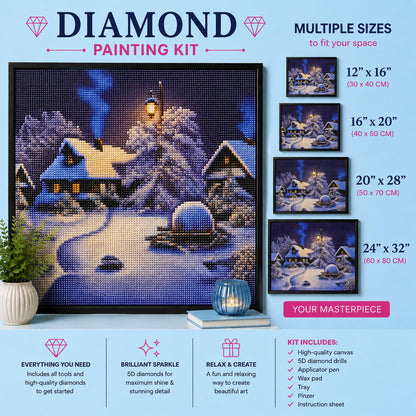 Framed snowy winter village diamond painting displayed with a candle and plant | Azurra Shop