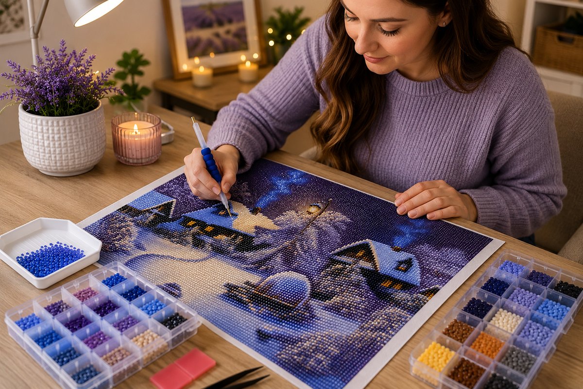 Working on the snowy village kit at a warm wooden craft table with drill organizers, candle, and string lights | Azurra Shop