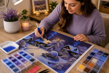 Working on the snowy village kit at a warm wooden craft table with drill organizers, candle, and string lights | Azurra Shop