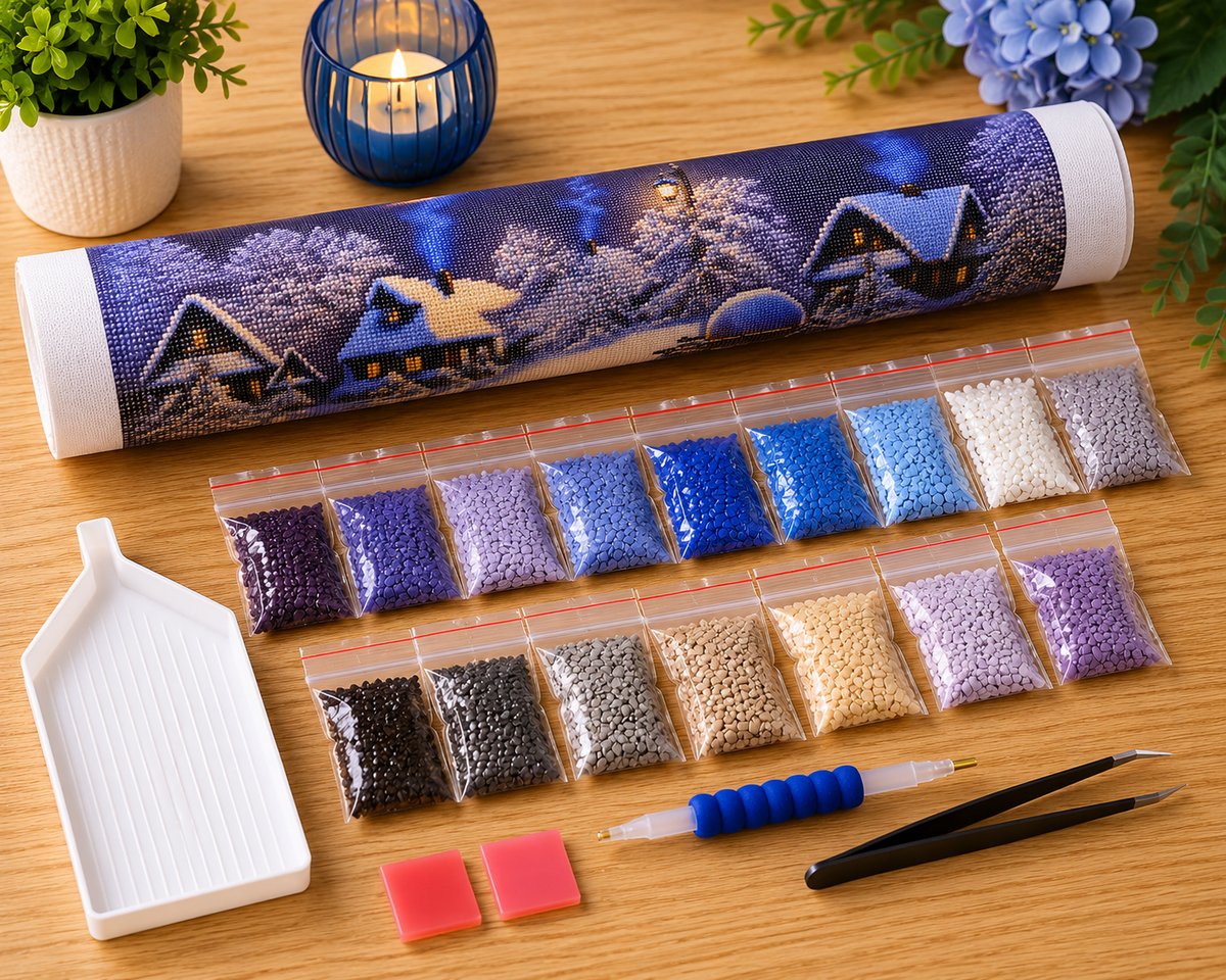 Rolled canvas and supplies for the snowy village kit, including drill packets, applicator pen, tweezers, tray, and wax pads | Azurra Shop