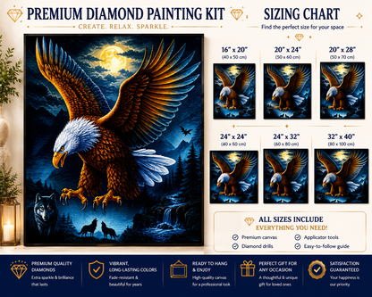 Bald eagle in flight diamond painting kit size chart – 6 sizes from 16" x 20" to 32" x 40", framed finished eagle art displayed on living room wall beside lantern and plants, electric teal and gold tones, premium sparkling 5D diamonds — Azurra Shop
