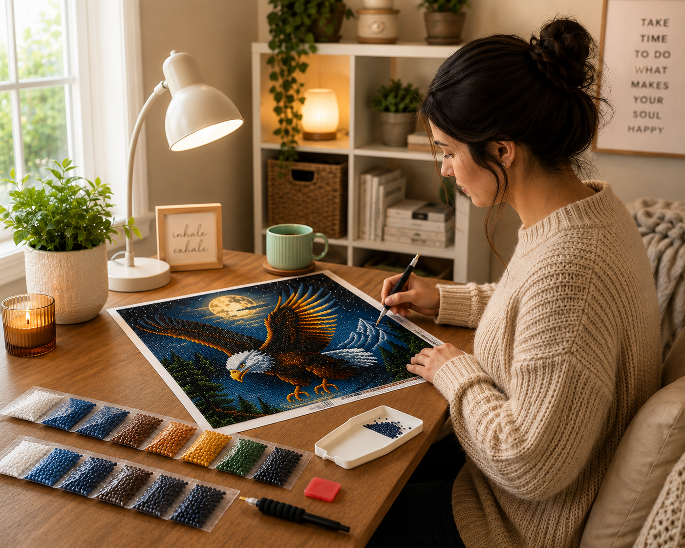 Woman creating bald eagle in flight diamond painting kit at cozy craft desk with sorted blue, gold and white diamond drills in packets, applicator pen, wax pad, tray, candle and green tea — Azurra Shop
