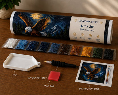 Rolled canvas and supplies for the bald eagle kit, including drill packets, applicator pen, tray, and wax pad | Azurra Shop