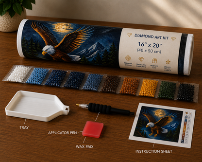 Bald eagle in flight diamond painting kit supplies – 16" x 20" canvas tube, sorted white, blue, navy, gold, brown and black diamond drill packets, applicator pen, wax pad, tray and DMC instruction sheet on wooden surface — Azurra Shop
