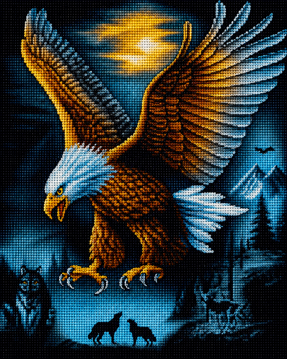 Bald eagle in flight diamond painting kit close-up – majestic bald eagle with wings fully spread and talons extended diving through electric teal night sky beneath a glowing full moon, two howling wolf silhouettes below in treeline, mountain landscape in background, sparkling full drill 5D resin diamond texture — Azurra Shop
