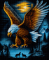 Bald eagle in flight diamond painting kit close-up – majestic bald eagle with wings fully spread and talons extended diving through electric teal night sky beneath a glowing full moon, two howling wolf silhouettes below in treeline, mountain landscape in background, sparkling full drill 5D resin diamond texture — Azurra Shop
