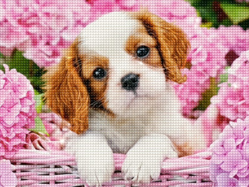 Spaniel puppy in pink flowers diamond painting kit – adorable Cavalier King Charles Spaniel puppy nestled in pink hydrangeas in a wicker basket, soft pastel tones, full drill 5D DIY wall art — Azurra Shop
