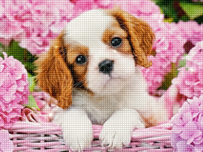 Spaniel puppy in pink flowers diamond painting kit – adorable Cavalier King Charles Spaniel puppy nestled in pink hydrangeas in a wicker basket, soft pastel tones, full drill 5D DIY wall art — Azurra Shop
