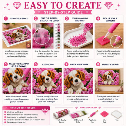Step by step guide showing how to complete the spaniel puppy diamond painting | Azurra Shop
