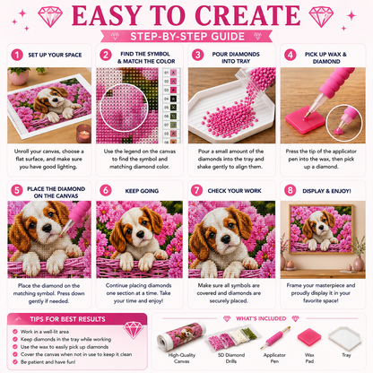 Spaniel puppy in pink flowers diamond painting kit step by step tutorial — full drill DIY — Azurra Shop