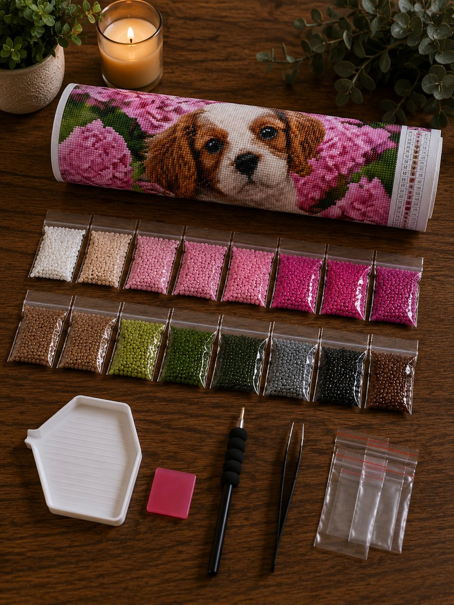Rolled canvas and supplies for the spaniel puppy kit, including drill packets, applicator pen, tray, and wax pad | Azurra Shop