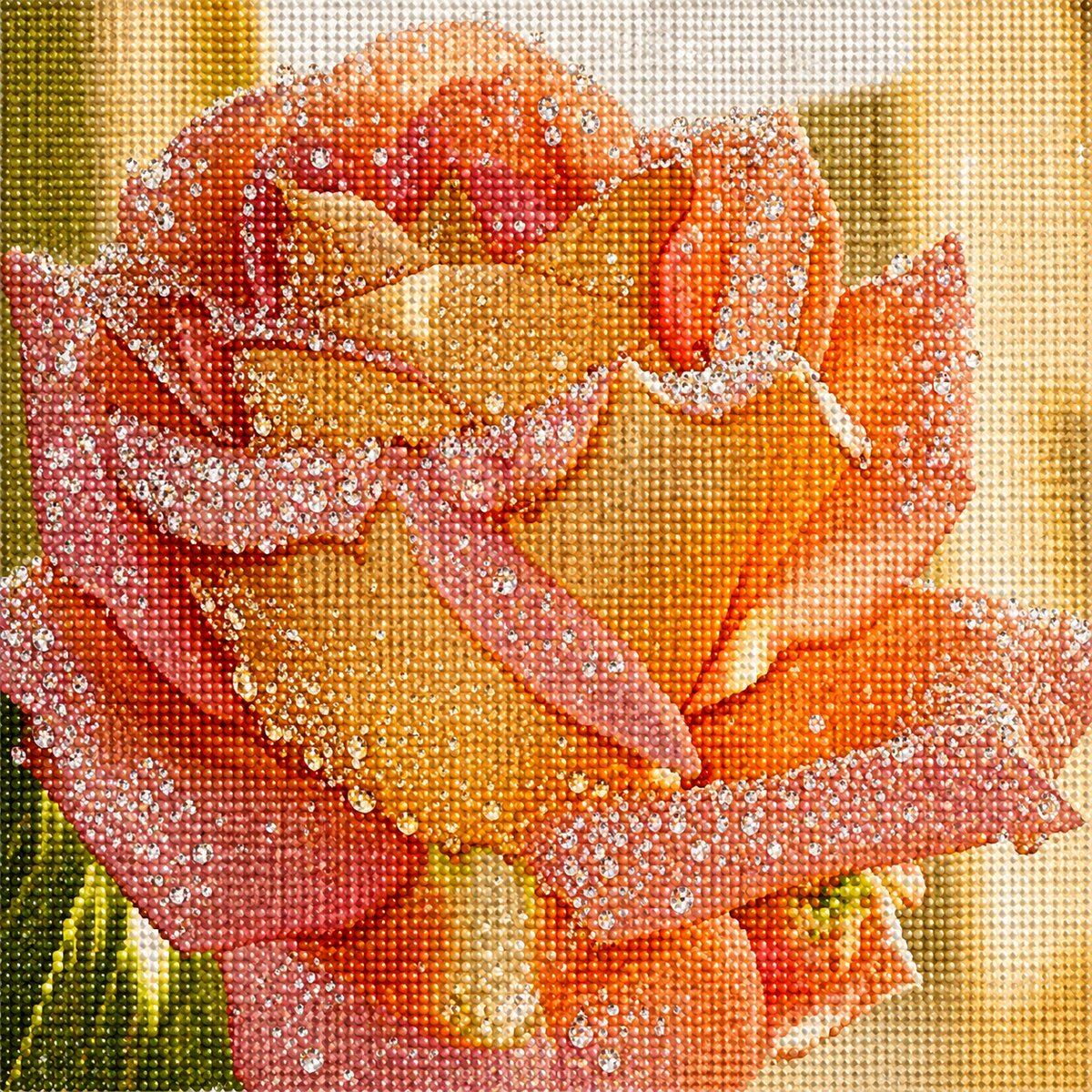 Finished sparkling coral rose diamond painting with a close up coral and yellow rose covered in dew drops | Azurra Shop