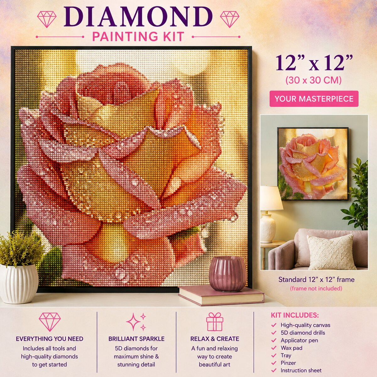 Sparkling coral rose diamond painting framed on a wall, 12 by 12 inch size | Azurra Shop
