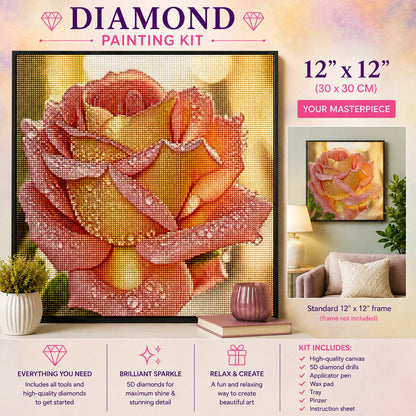Sparkling coral rose diamond painting framed on a wall, 12 by 12 inch size | Azurra Shop