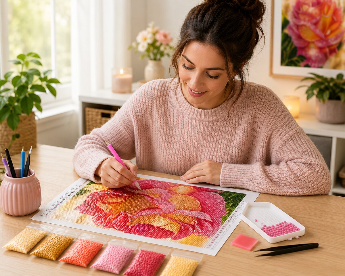 Woman placing diamonds on the sparkling coral rose canvas at a desk with candles and flowers | Azurra Shop