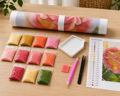 Diamond painting kit supplies including rolled canvas, 23 numbered diamond bags, tray, pen, and tweezers | Azurra Shop