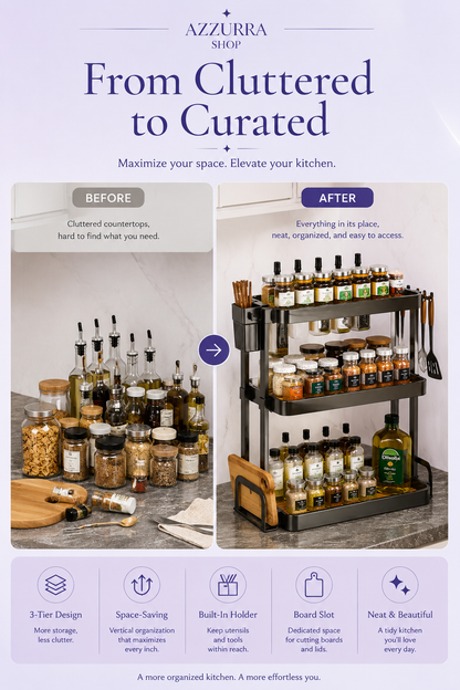 3-tier black kitchen seasoning rack before and after — from cluttered to curated countertop spice organizer — Azurra Shop