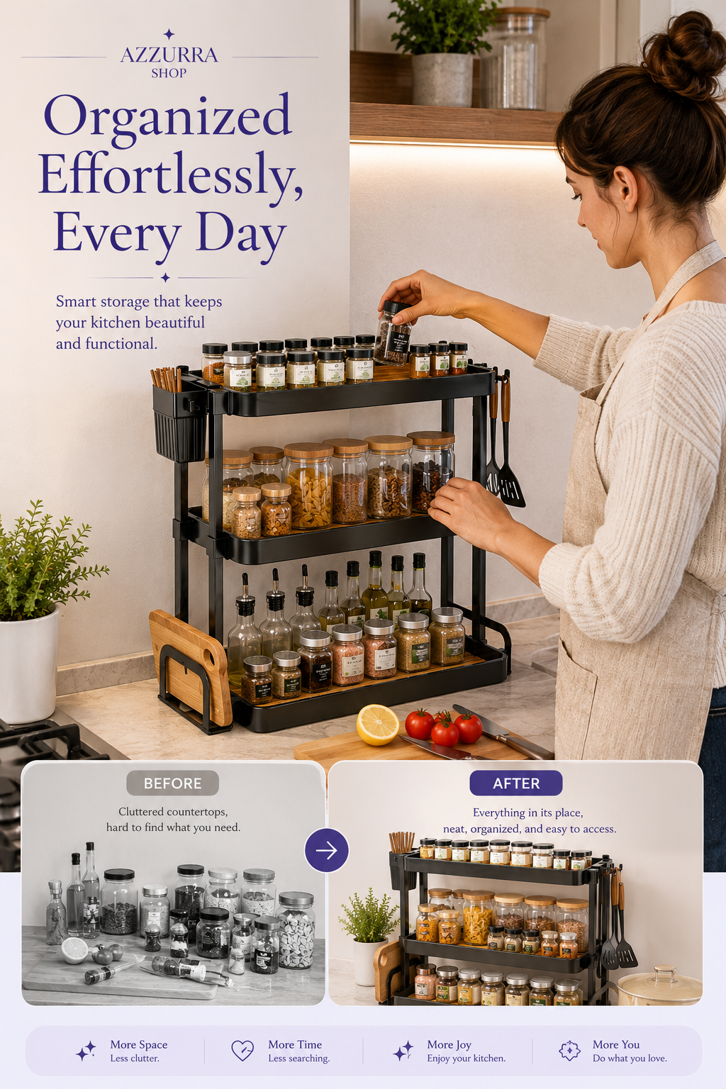 Woman organizing spices on 3-tier black kitchen rack — organized effortlessly every day — Azurra Shop