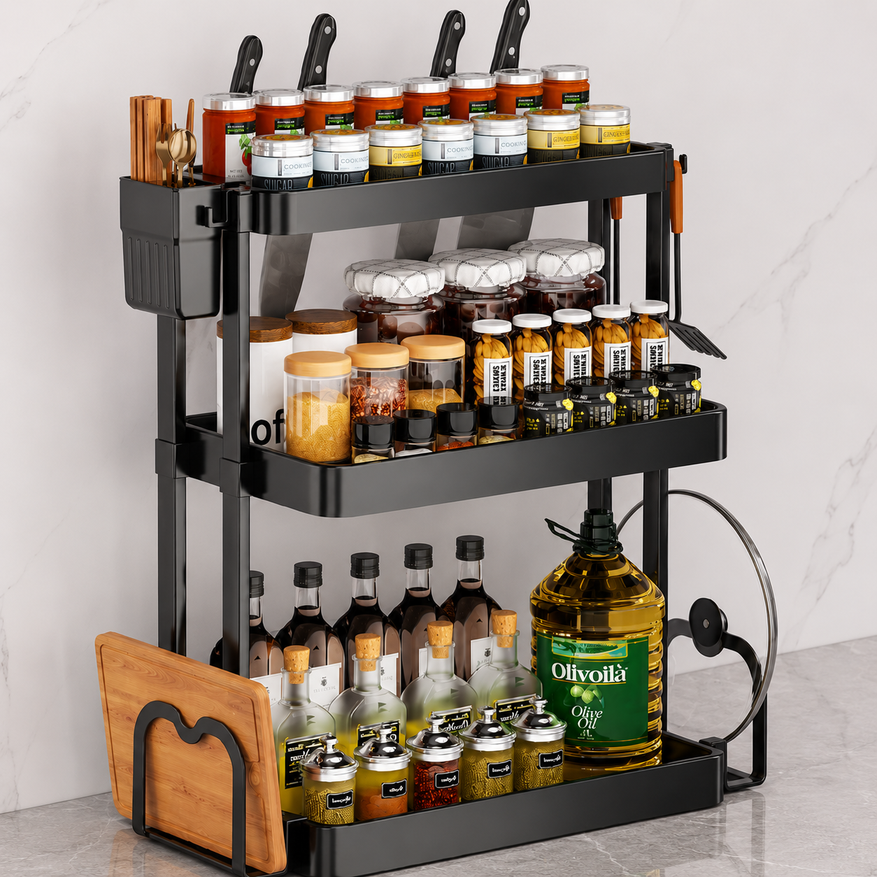3-tier black kitchen seasoning rack close-up — spice jars, oils, and condiments neatly organized — Azurra Shop