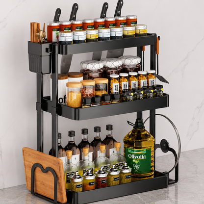 3-tier black kitchen seasoning rack close-up — spice jars, oils, and condiments neatly organized — Azurra Shop