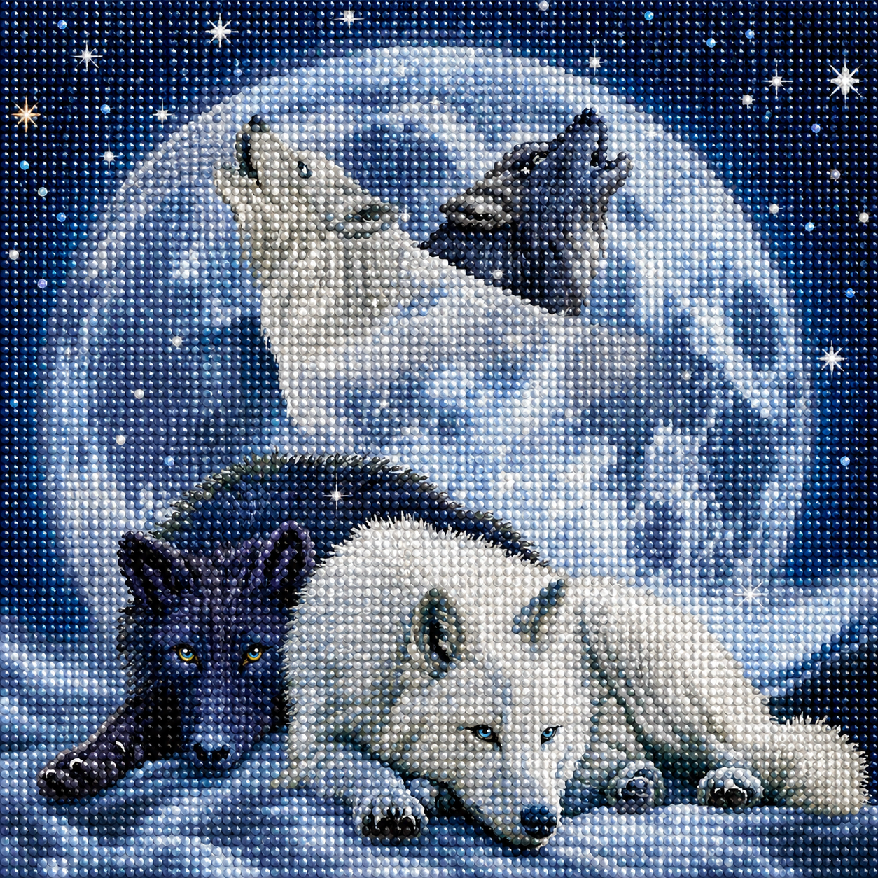 Wolf Spirit &amp; Full Moon Diamond Painting Kit – four wolves beneath a glowing full moon, black and white wolves resting in foreground, two spirit wolves howling from within the moon, starry night sky, sparkling resin drill texture — Azurra Shop