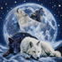 Wolf Spirit & Full Moon Diamond Painting Kit – four wolves beneath a glowing full moon, black and white wolves resting in foreground, two spirit wolves howling from within the moon, starry night sky, sparkling resin drill texture — Azurra Shop
