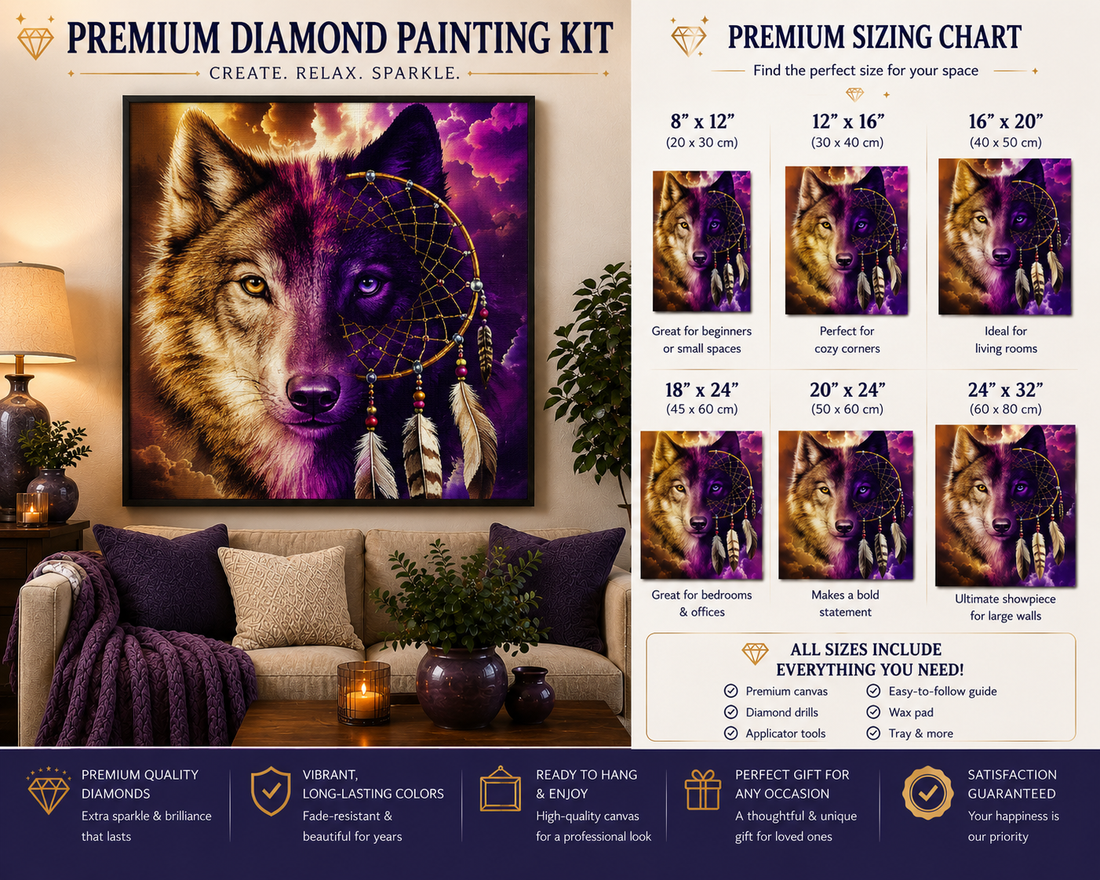 Wolf and dreamcatcher split face diamond painting kit size chart – 6 sizes from 8" x 12" to 24" x 32", framed finished art displayed on living room wall, includes canvas, diamonds, applicator tools, wax pad and tray — Azurra Shop
