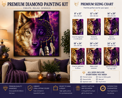 Wolf and dreamcatcher split face diamond painting kit size chart – 6 sizes from 8" x 12" to 24" x 32", framed finished art displayed on living room wall, includes canvas, diamonds, applicator tools, wax pad and tray — Azurra Shop
