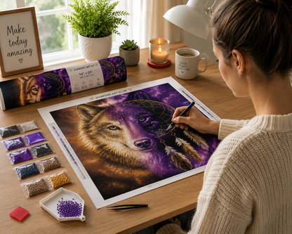 Woman creating wolf and dreamcatcher split face diamond painting kit at cozy desk with candle, coffee, sorted diamond drills and canvas tube in background — Azurra Shop

