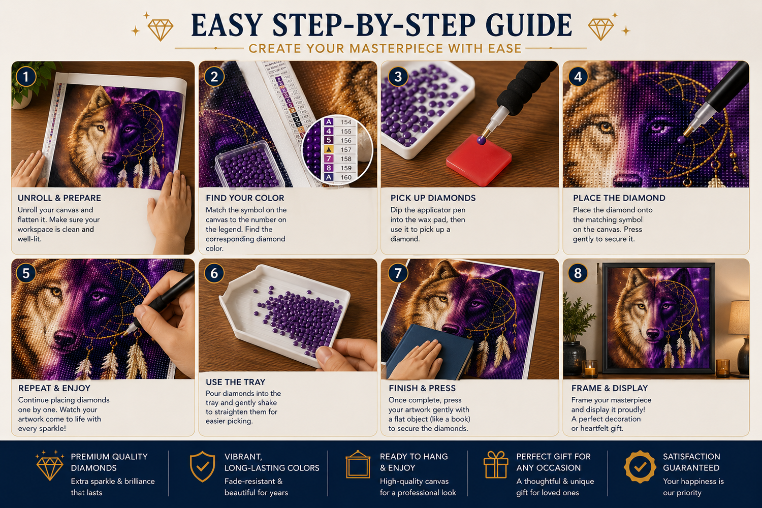 Wolf and dreamcatcher split face diamond painting kit easy step-by-step guide – 8 illustrated steps showing how to unroll canvas, place diamond drills and display finished wolf artwork — Azurra Shop
